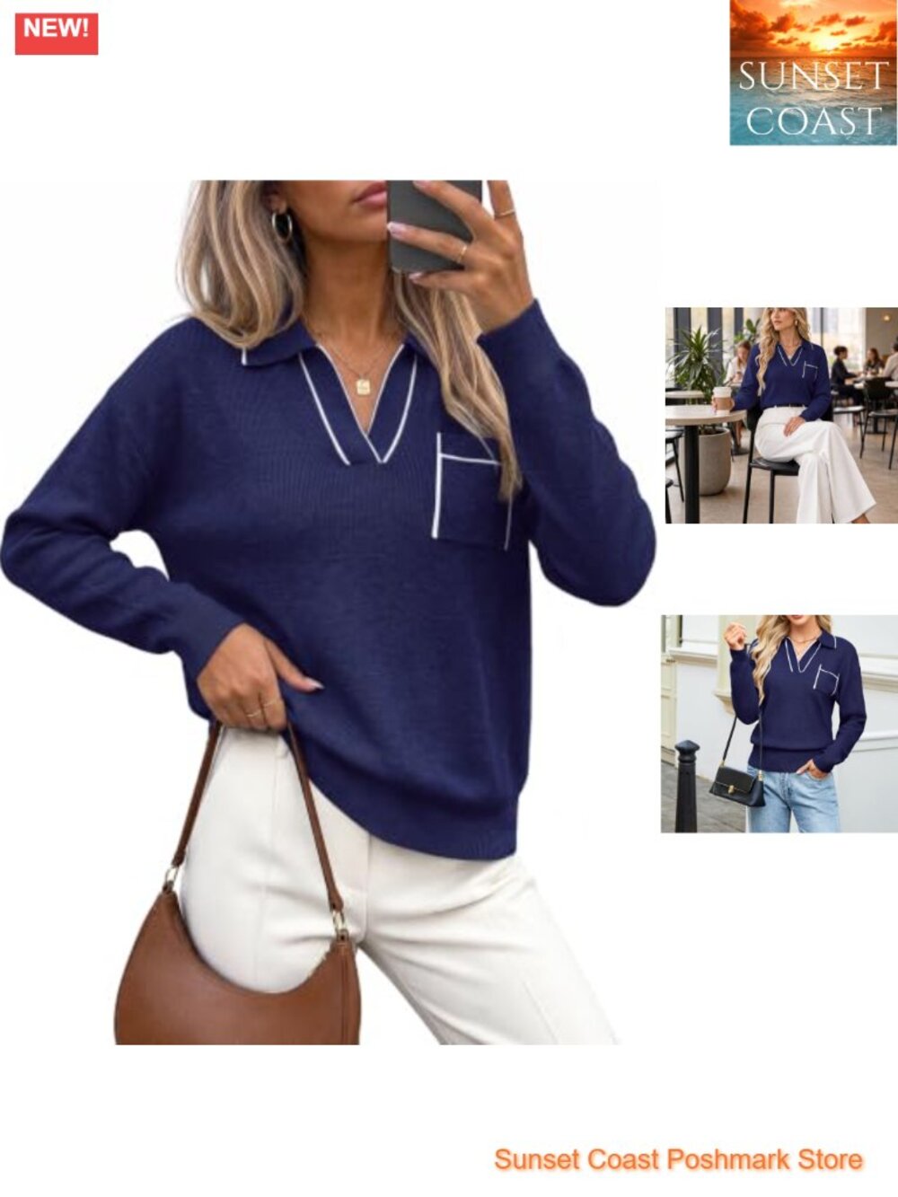 Womens V Neck Polo Sweater Long Sleeve Business Casual Knit Pullover